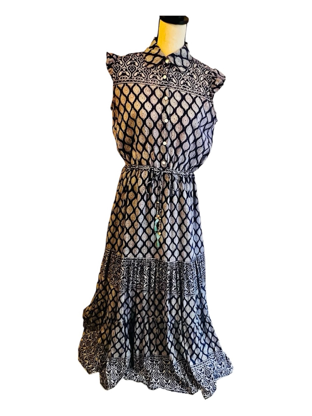 Bell by Alicia Bell Navy Silk Cotton Voile Block Print Maxi Dress M